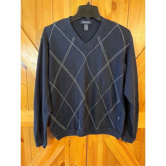Nautica Mens Sweater Large V Neck Cotton Argyle Diamond Cotton/Linen Pullover (3 - Picture 1 of 5